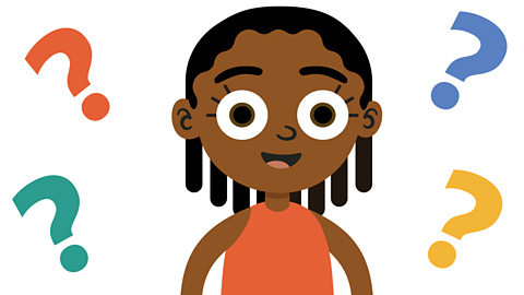 An illustration of a young girl smiling with question marks around her.