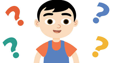 An illustration of a young boy smiling with 5 question marks.