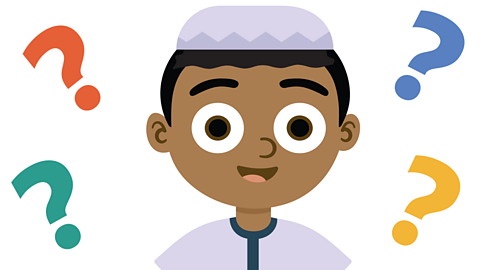 An illustration of a young boy smiling with question marks around him.