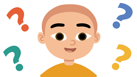 An illustration of a young boy smiling with question marks around him.