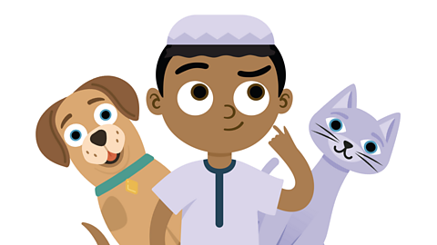 An illustration of a young boy thinking with a cat and dog poking over his shoulders.