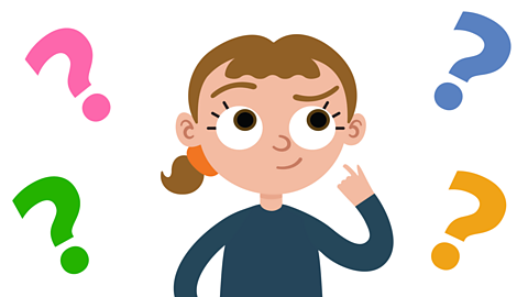 An illustration of a young girl thinking with question marks around her.