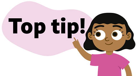 An illustration of a young girl pointing upwards with her left hand to a bubble that says 'top tip!'.