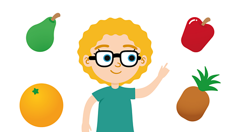 An illustration of a young girl pointing upwards with her right hand towards a red apple. There is also a pear, orange and pineapple in the background.