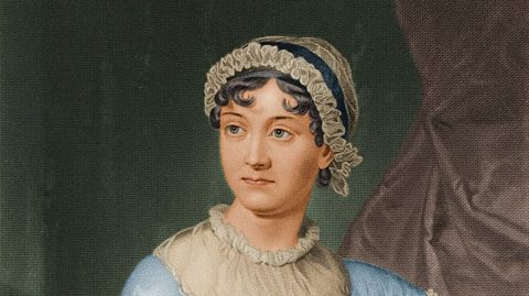 A portrait of Jane Austen. She is wearing a blue dress with a ruffled neckline. Her dark, curly hair is tucked under a white bonnet.