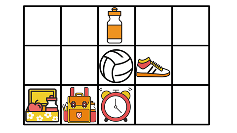 Grid with a bottle, ball, shoe, lunchbox, rucksack and clock.