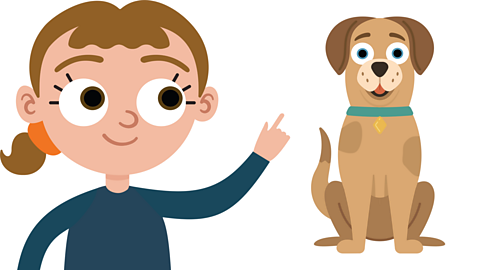 An illustration of a young girl pointing at a large, brown dog.