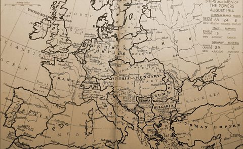 A map showing European national boundaries before the outbreak of World War One.