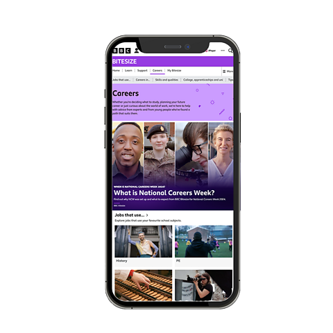 A phone showing the ý Bitesize Careers website.