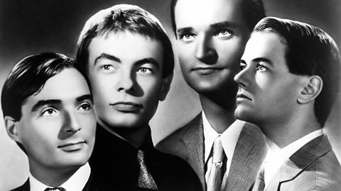 Getty Images A black and white picture of German band Kraftwerk in the 1970s