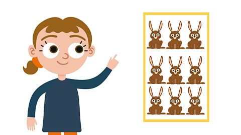 An illustration of a young girl pointing to a box with 9 rabbits.