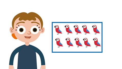 An illustration of a young girl smiling next to a box with 10 red parrots.