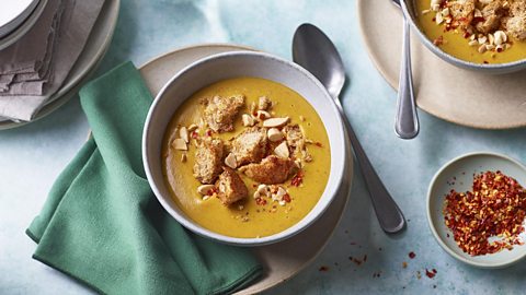 Carrot, lentil and almond soup with wholemeal croutons