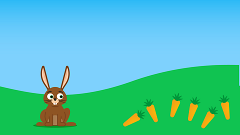 A cartoon rabbit in a field looking at six carrots.