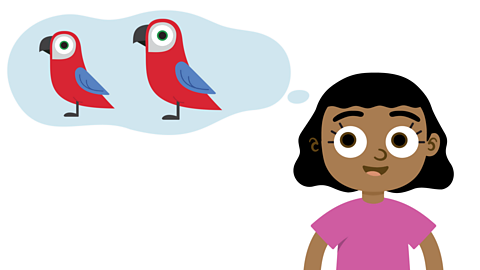 An illustration of a young girl thinking about two parrots.