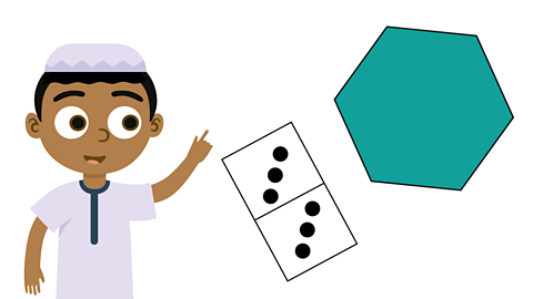 An illustration of a boy pointing at a double 3 domino and a hexagon.