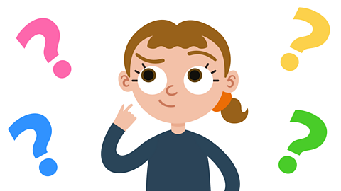 An illustration of a young girl thinking with question marks around her.