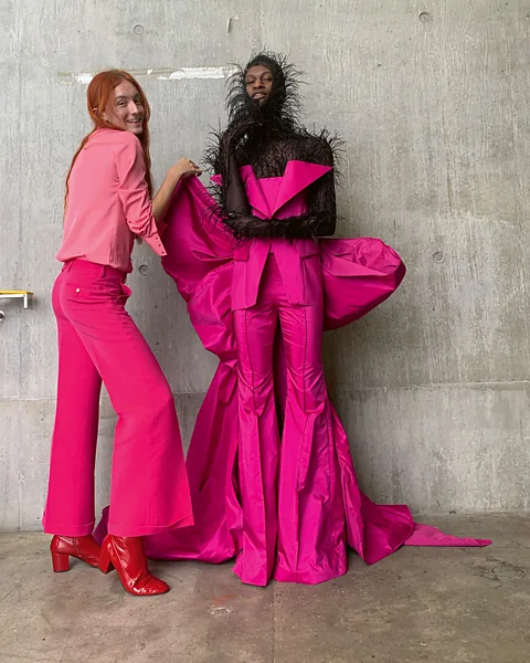 Harris Reed Harris at Central Saint Martins, London – where he studied fashion – with model Trey Gaskin (Credit: Harris Reed)