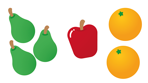 Three pears, one red apple and two oranges.