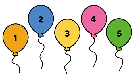 5 multicoloured balloons.