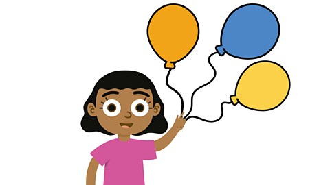 An illustration of a young girl holding three balloons.