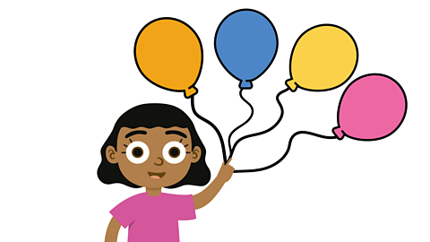 An illustration of a young girl holding 4 balloons.