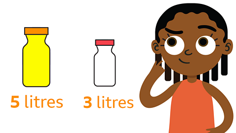 A juice bottle with 5 litre, a milk bottle with 3 litres and a girl thinking.