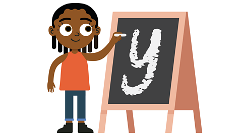 An illustration of a young girl drawing the letter 'y' with chalk on a blackboard.