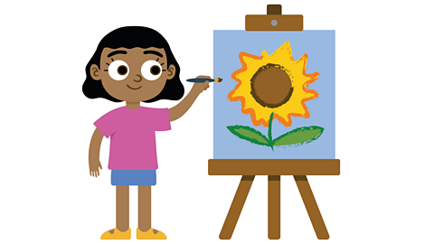 An illustration of a young girl painting a sunflower.