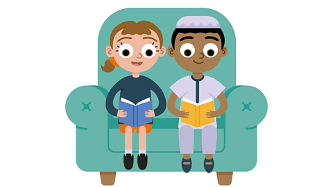 An illustration of a young girl and young boy reading in a big green armchair.