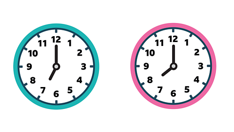 Two analogue clocks showing 7 o'clock and 8 o'clock.