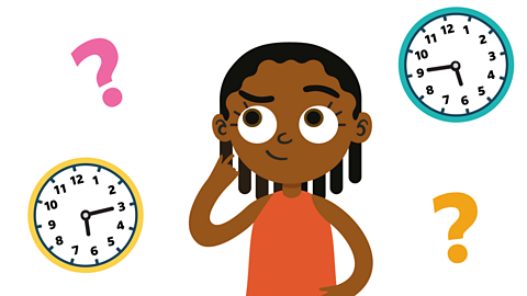 An illustration of a young girl thinking with two clocks and a two question marks.