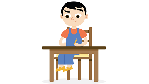 An illustration of a young boy writing at a table.