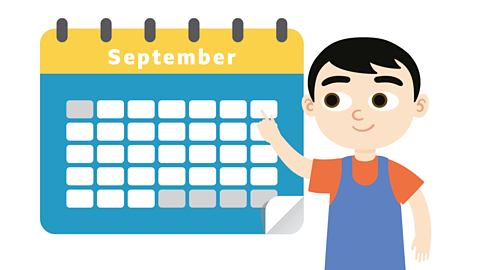 An illustration of a young boy pointing at a calendar.