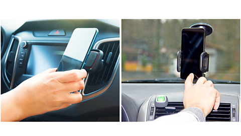 Mobile phone holders on car dashboard, one is magnetic and one is a clamp