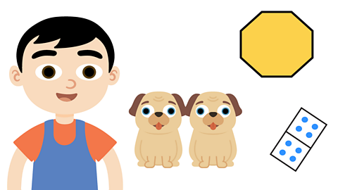 An illustration of a young boy smiling, two pugs, a domino showing double four and an octagon.