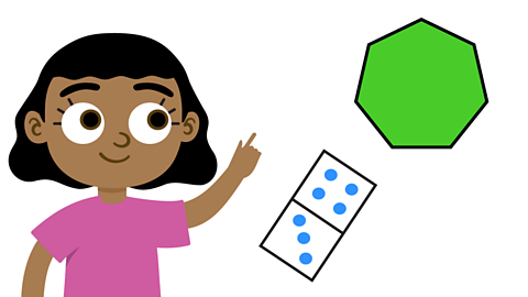 An illustration of a girl pointing to a heptagon and a domino with 4 and 3.