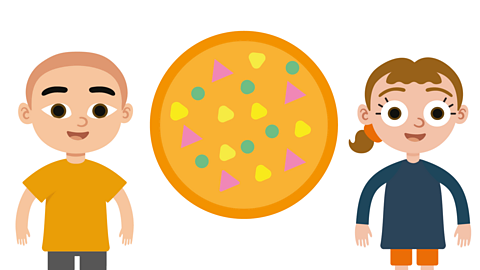 An illustration of a boy and a girl with a pizza.