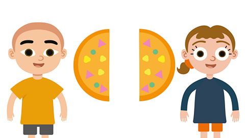 An illustration of a young boy and young girl each with half a pizza.