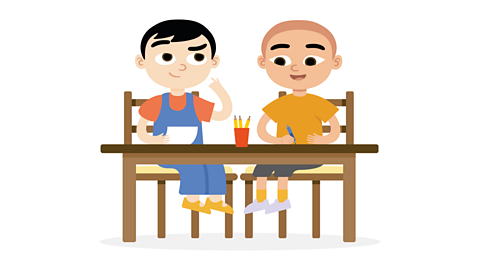 An illustration of two boy sat at a table with a pen pot on the table.