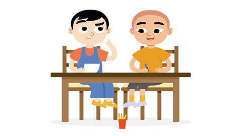 An illustration of two boy sat at a table with a pen pot  under the table.