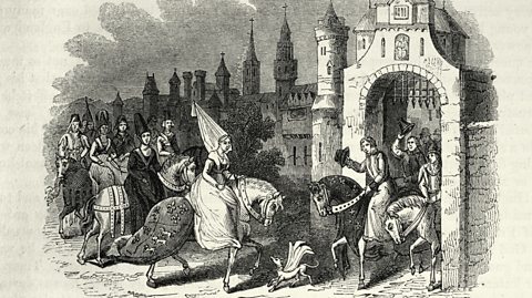 A colourless drawing of a medieval woman on horseback arriving at the stone entrance to a city, being met by men on horseback.