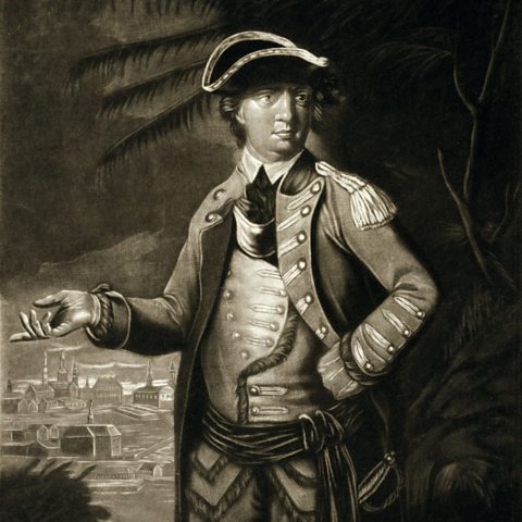 A sepia-toned painting of a man in military uniform wearing a hat and standing with his right arm outstretched. 