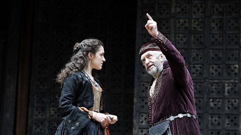 Jessica and Shylock in discussion in Shakespeare's 'The Merchant of Venice'.