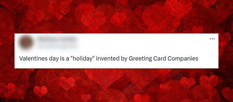 Two tweets saying Valentine's day was invented by card companies on a valentines background