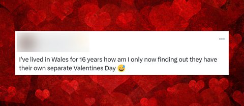 A tweet saying that Valentine's day happens on a separate day in Wales on a valentines background