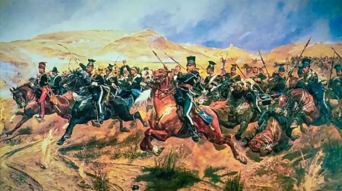 A painting of lots of soldiers on horseback with weapons raised, galloping forwards