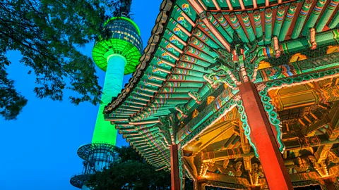 TwilightShow/Getty Images The Palgakjeong Pavilion stands tall at the top of the Bugak Skyway (Credit: TwilightShow/Getty Images)