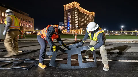 Stephen McGee/Michigan Central Induction coils that are connected to the electricity grid are installed beneath the road surface (Credit: Stephen McGee/Michigan Central)