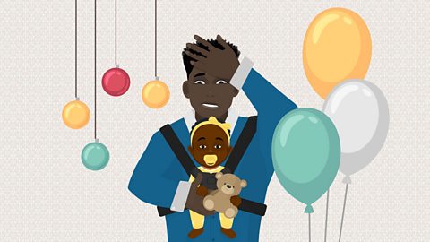 A young Black boy carrying a baby and a teddy bear. He standing next to some balloons and has his hand to his head, as though stressed.